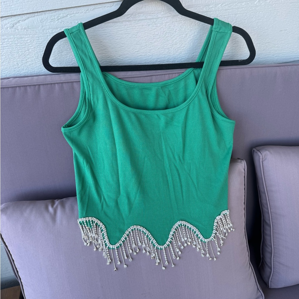 NWOT Green Beaded Hem Tank Top